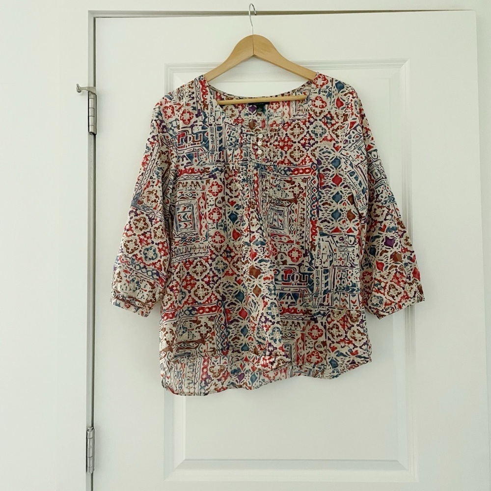 Lauren Ralph Lauren Jeans Co Pintuck Aztec Southwestern Print Cotton Top Boho